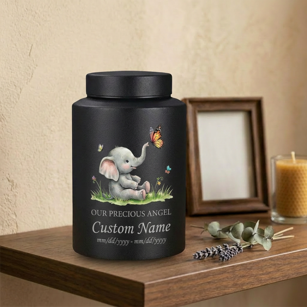 Personalized Baby Elephant Stainless Steel UV Printed Infant Loss Our Precious Angel Baby Boy Girl Child Ashes Large Small Metal Cremation Urns Memorial Keepsake Urn, Memorial Gift, In Loving Memory - Image 4