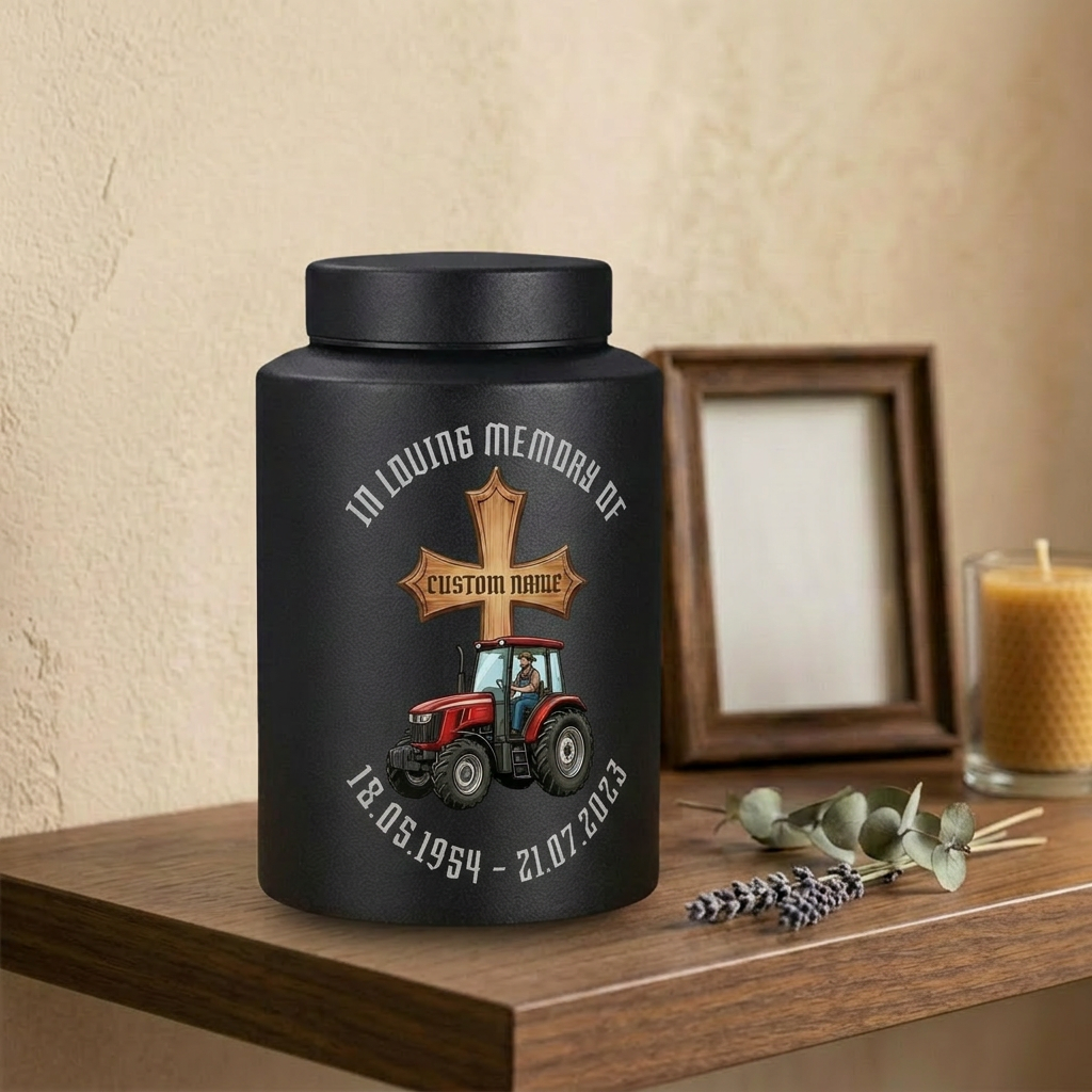 Personalized Farmer Tractor Gothic Cross Stainless Steel Urn for Human Ashes Loss of Father Grandfather Husband Decorative 5.9x3.9 7.5x5.1 Memorial Keepsake Urn, Memorial Gift, In Loving Memory - Image 4