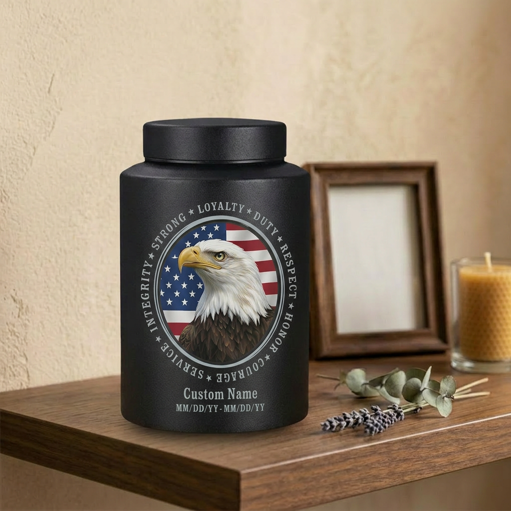 Personalized Patriotic Bald Eagle American Flag Stainless Steel Cremation Urn for Veteran Dad Men, Military Values Design Two Sizes Memorial Keepsake Urn, Memorial Gift, In Loving Memory - Image 4