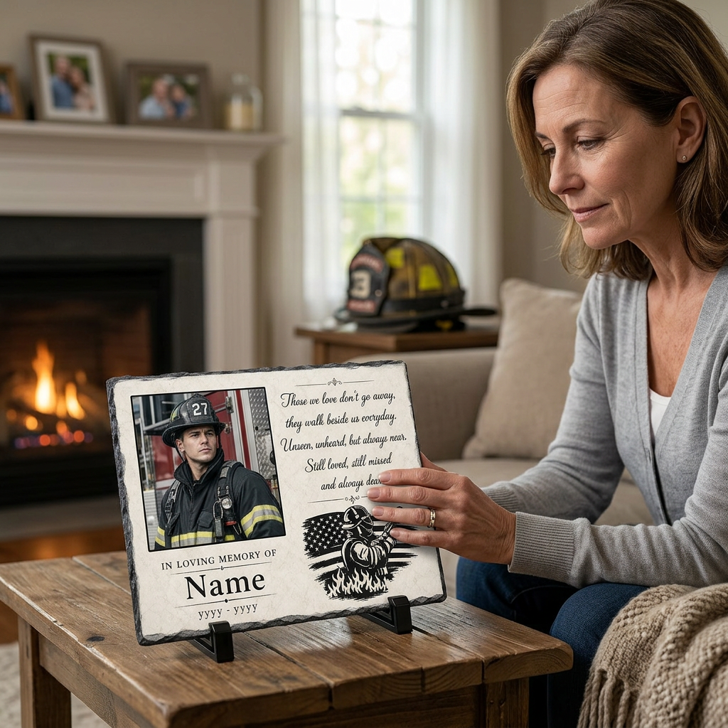 Personalized Firefighter Memorial Photo Stone – In Loving Memory of a Firefighter - Image 4 | VNMGSREPR1-6IN-EHIEU_AI_0482 VNMGSREPR1-8IN-EHIEU_AI_0482