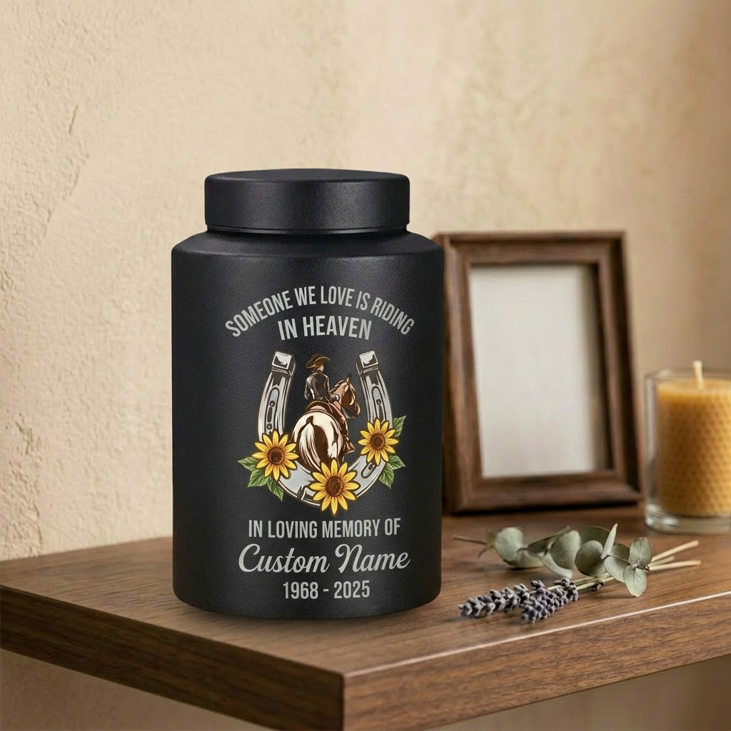 Personalized Cowgirl Horse Riding Stainless Steel UV Print Urn for Loss of Farmer Equestrian Bereavement Ash Holder Large Silver Black Gold Red Memorial Keepsake Urn, Memorial Gift, In Loving Memory - Image 4