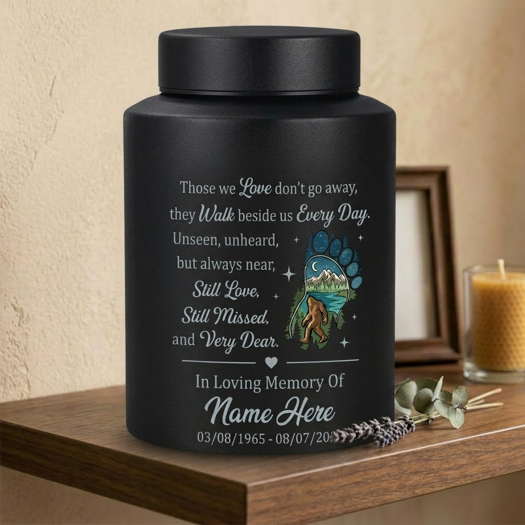 Personalized Bigfoot Sasquatch Stainless Steel Urn for Adult Human Ashes Men Father Husband Bereavement Condolence Silver Black Gold Red Memorial Keepsake Urn, Memorial Gift, In Loving Memory - Image 4