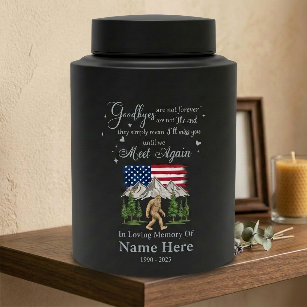 Personalized Bigfoot Sasquatch Stainless Steel Urn for Adult Human Ashes, Goodbyes Are Not Forever Quote Sympathy Bereavement Small Large Memorial Keepsake Urn, Memorial Gift, In Loving Memory - Image 4