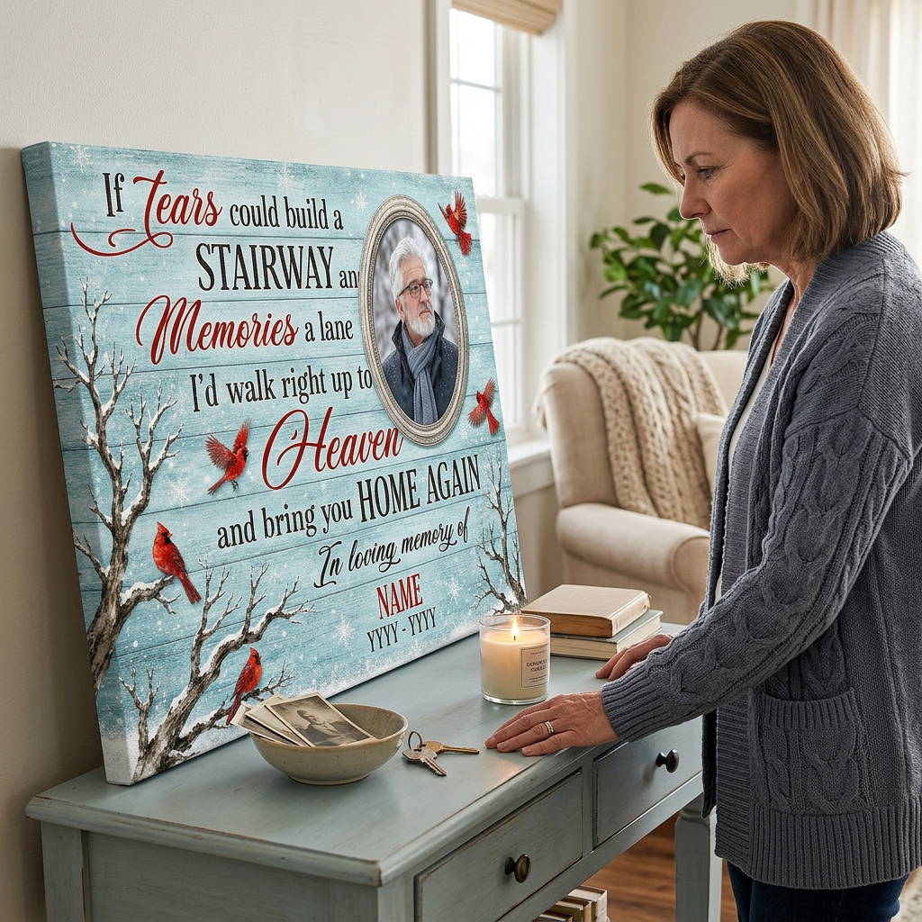 Personalized Memorial Cardinal Wall Canvas Stairway to Heaven Sympathy Gift for Loss of Loved One - Image 4