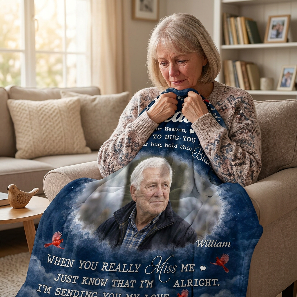 Personalized Hugs From Heaven Memorial Photo Fleece Blanket - Loss of Father Sympathy Gift - Image 4
