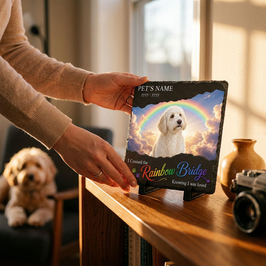Personalized Rainbow Bridge Dog Memorial Slate Stone – Pet Loss Sympathy Gift - Image 4 | VNMGSREPR1-6IN-EHIEU_AI_0441 VNMGSREPR1-8IN-EHIEU_AI_0441