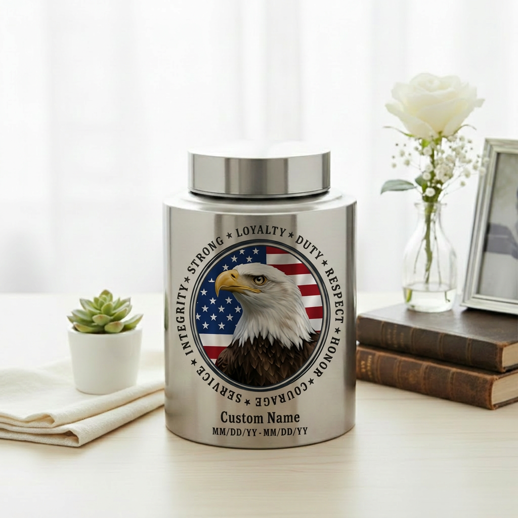 Personalized Patriotic Bald Eagle American Flag Stainless Steel Cremation Urn for Veteran Dad Men, Military Values Design Two Sizes Memorial Keepsake Urn, Memorial Gift, In Loving Memory - Image 5