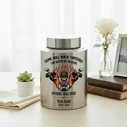 Personalized Motorcycle Riding in Heaven UV Printed Stainless Steel Urn for Adult Male Dad Biker Human Ashes Silver Black Gold Red Decorative Memorial Keepsake Urn, Memorial Gift, In Loving Memory - Image 5