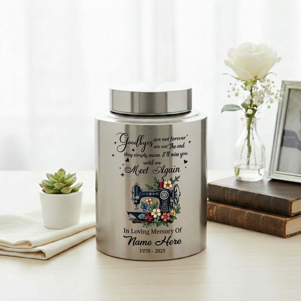 Personalized Sewing Stainless Steel Cremation Urn for Mom Grandma Crafter, Goodbyes Are Not Forever Quote Custom Name Date, Memorial Keepsake Urn, Memorial Gift, In Loving Memory - Image 5