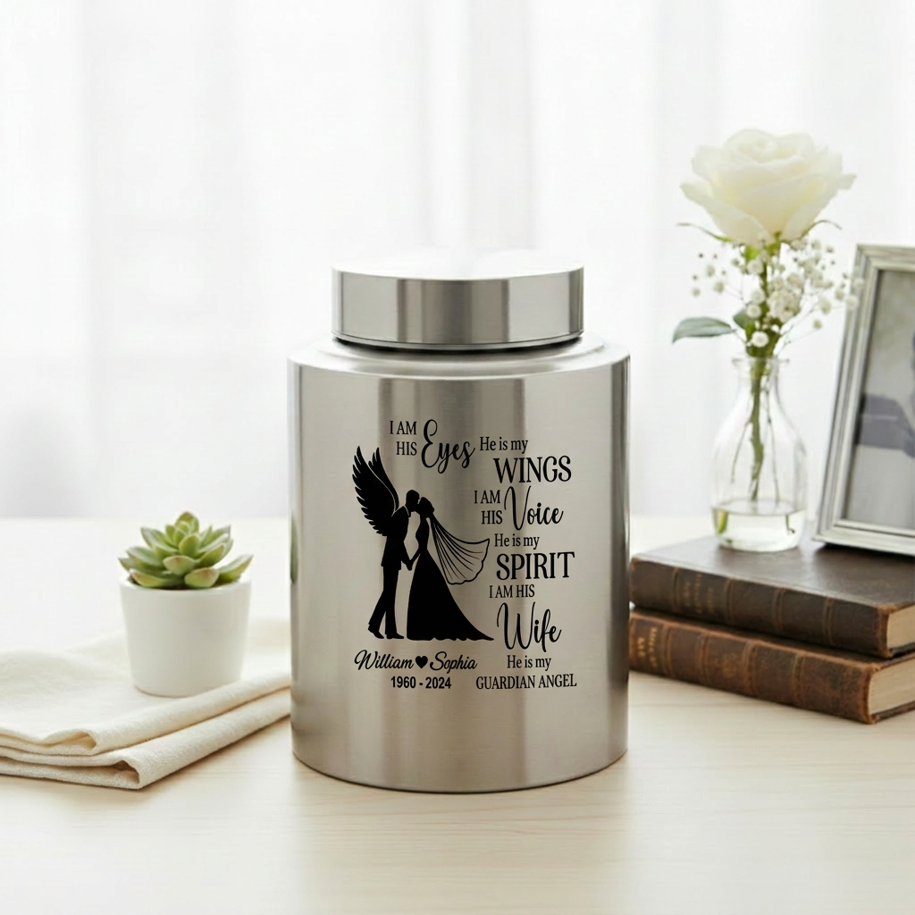 Personalized Couple in Heaven Stainless Steel Cremation Urn Loss of Husband Guardian Angel Keepsake for Widow Large or Small Ash Holder Memorial Keepsake Urn, Memorial Gift, In Loving Memory - Image 5
