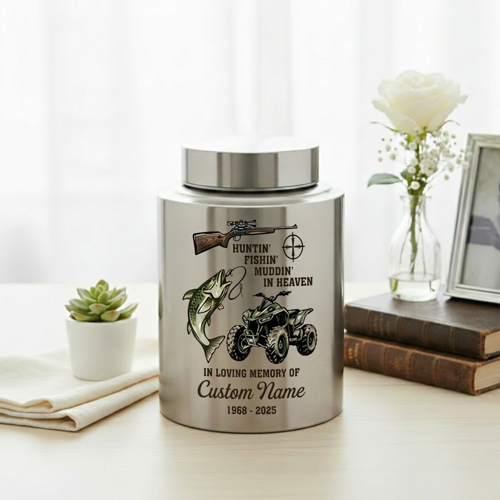 Personalized Bass Fishing Huntin Fishin Muddin In Heaven Stainless Steel Urn for Dad Grandpa Fisherman Hunter Outdoorsman Ashes Large Memorial Keepsake Urn, Memorial Gift, In Loving Memory - Image 5