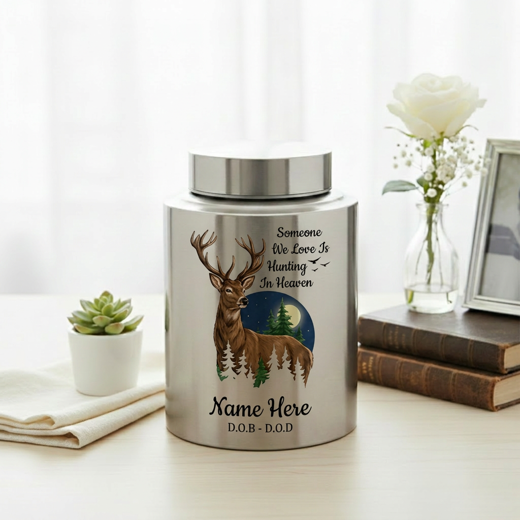 Personalized Deer Hunting Silhouette Stainless Steel Urn for Outdoorsman Dad Grandpa Husband, Hunting In Heaven Custom Adult Ashes Holder, Memorial Keepsake Urn, Memorial Gift, In Loving Memory - Image 5