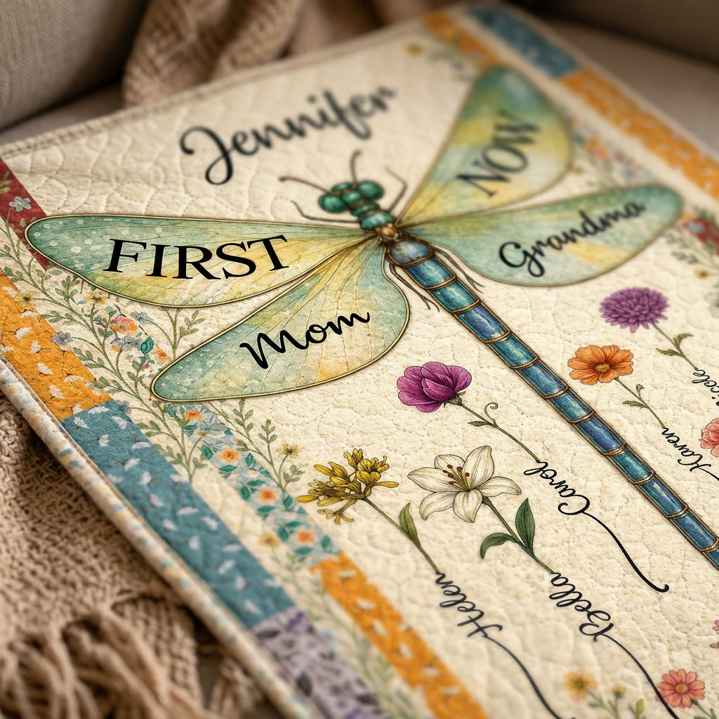 Personalized Dragonfly Birth Flower Fleece Blanket for Mom Grandma, First Now Family Gift - Image 5