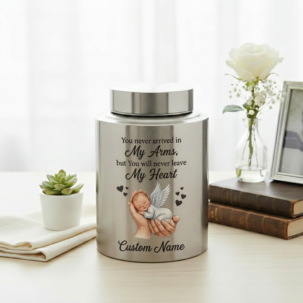 Personalized Baby in Hand Infant Loss Stainless Steel Large Cremation Urn for Boy Girl Stillborn Miscarriage Custom Name UV Printed Memorial Keepsake Urn, Memorial Gift, In Loving Memory - Image 5