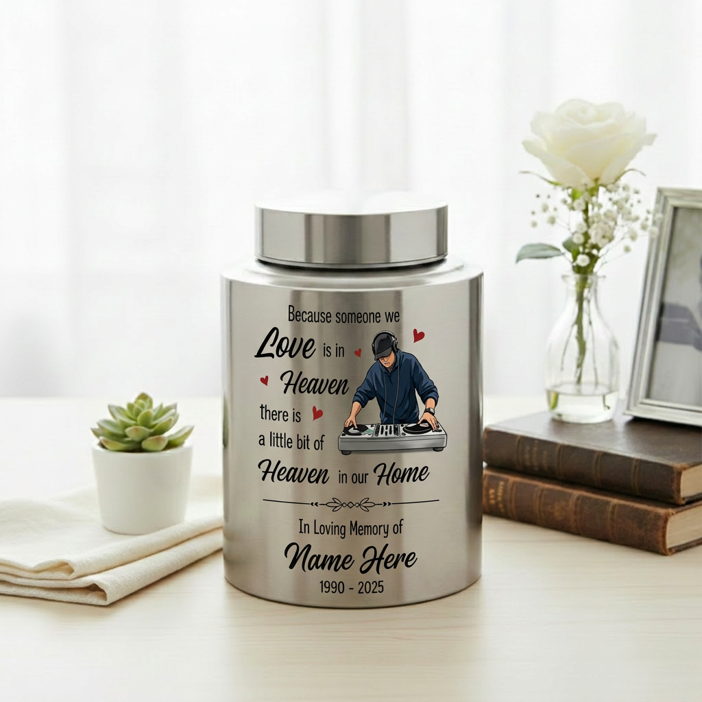 Personalized DJ Because Someone We Love Is In Heaven Stainless Steel Urn Sympathy Loss of Loved One Adult Ashes Bereavement 4 Color Large Memorial Keepsake Urn, Memorial Gift, In Loving Memory - Image 5