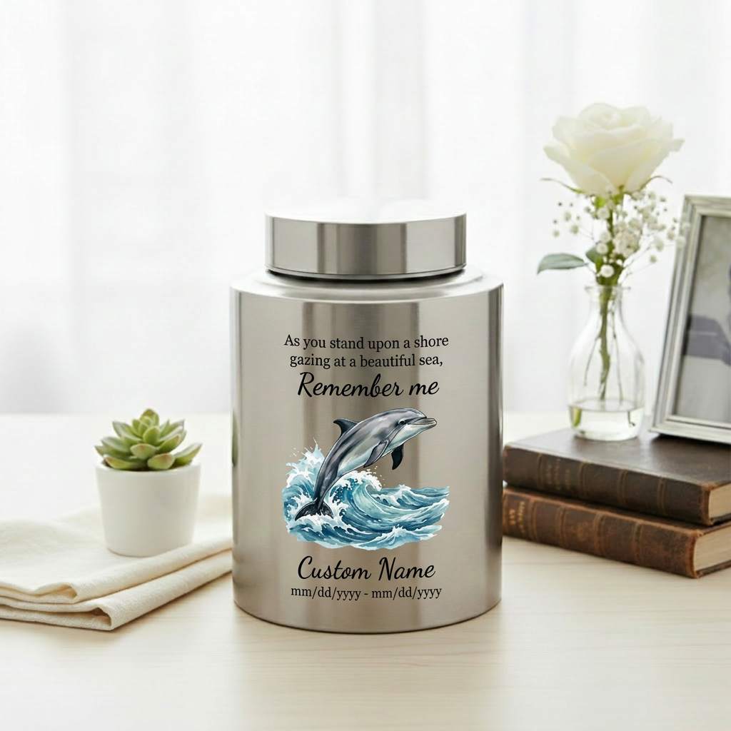 Personalized Dolphin Ocean Beach Themed UV Printed Metal Funeral Ash Container For Mom Dad Adult Male Female Large Cremation Memorial Keepsake Urn, Memorial Gift, In Loving Memory - Image 5