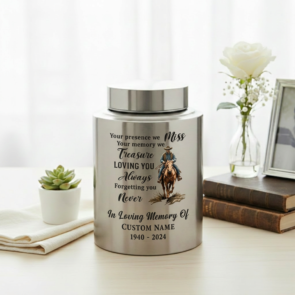 Personalized Cowboy Riding Horse Boots Hat Cross Stainless Steel Cremation Urn For Adult Human Ashes Funeral Remembrance Sympathy Memorial Keepsake Urn, Memorial Gift, In Loving Memory - Image 5