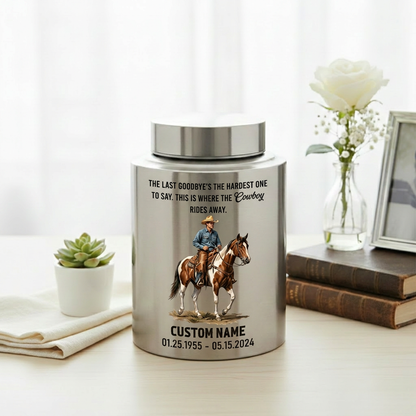 Personalized Cowboy Boots Hat Cross Stainless Steel Urn for Father Grandfather Husband Loss, Adult Human Ashes Funeral Display, Large Two Sizes, Memorial Keepsake Urn, Memorial Gift, In Loving Memory - Image 5