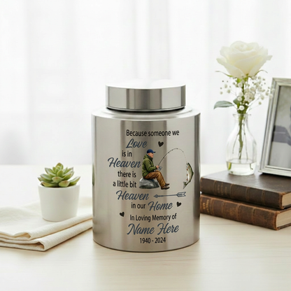 Personalized Bass Fishing Cremation Urns for Human Ashes Loss of Father Husband Fisherman Silhouette Because Someone We Love is in Heaven Quote Memorial Keepsake Urn, Memorial Gift, In Loving Memory - Image 5