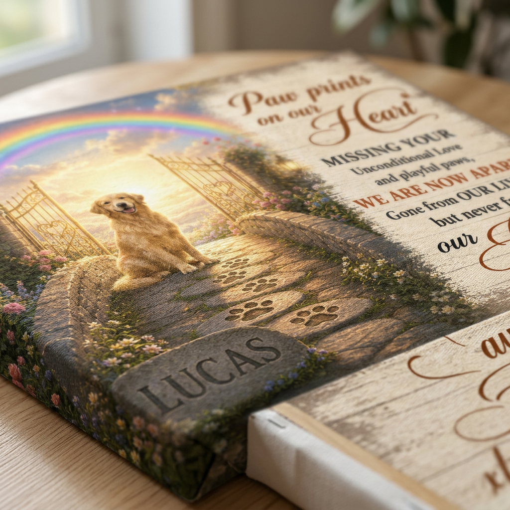 Personalized Dog Memorial Wall Canvas – Rainbow Bridge Paw Print Pet Loss Gift - Image 5