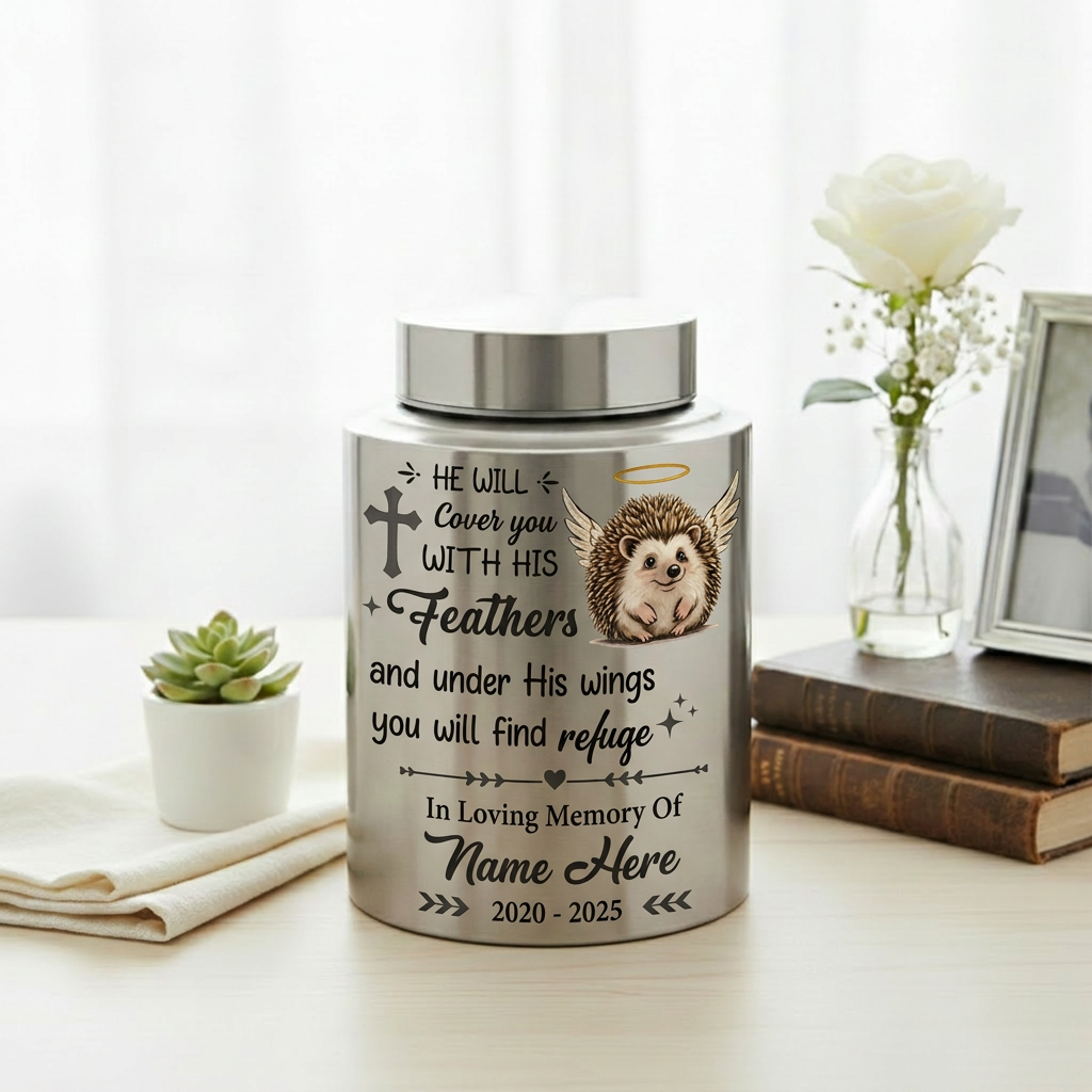 Personalized Angel Hedgehog Pet Loss UV Printed Stainless Steel Cremation Urn Christian Bible Verse Psalm 91 Sympathy Present Decor Memorial Keepsake Urn, Memorial Gift, In Loving Memory - Image 5