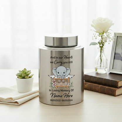 Personalized Baby Elephant UV Printed Stainless Steel Urn For Infant Child Loss Bereavement, Silver Black Gold Red Display, Memorial Keepsake Urn, Memorial Gift, In Loving Memory - Image 5