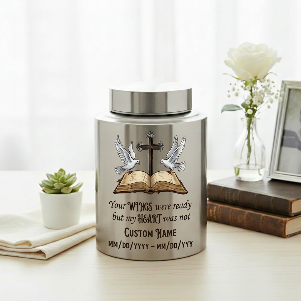 Personalized Christian Doves Jesus Cross Stainless Steel Urn, Your Wings Were Ready But My Heart Was Not for Mom Sister Adult Women Ashes, Memorial Keepsake Urn, Memorial Gift, In Loving Memory - Image 5