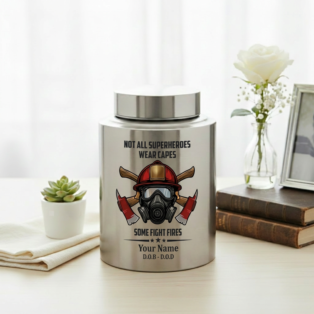 Personalized Firefighter Superheroes Wear Capes Large Stainless Steel Cremation Urn For Adult Human Ashes First Responder Tribute Memorial Keepsake Urn, Memorial Gift, In Loving Memory - Image 5