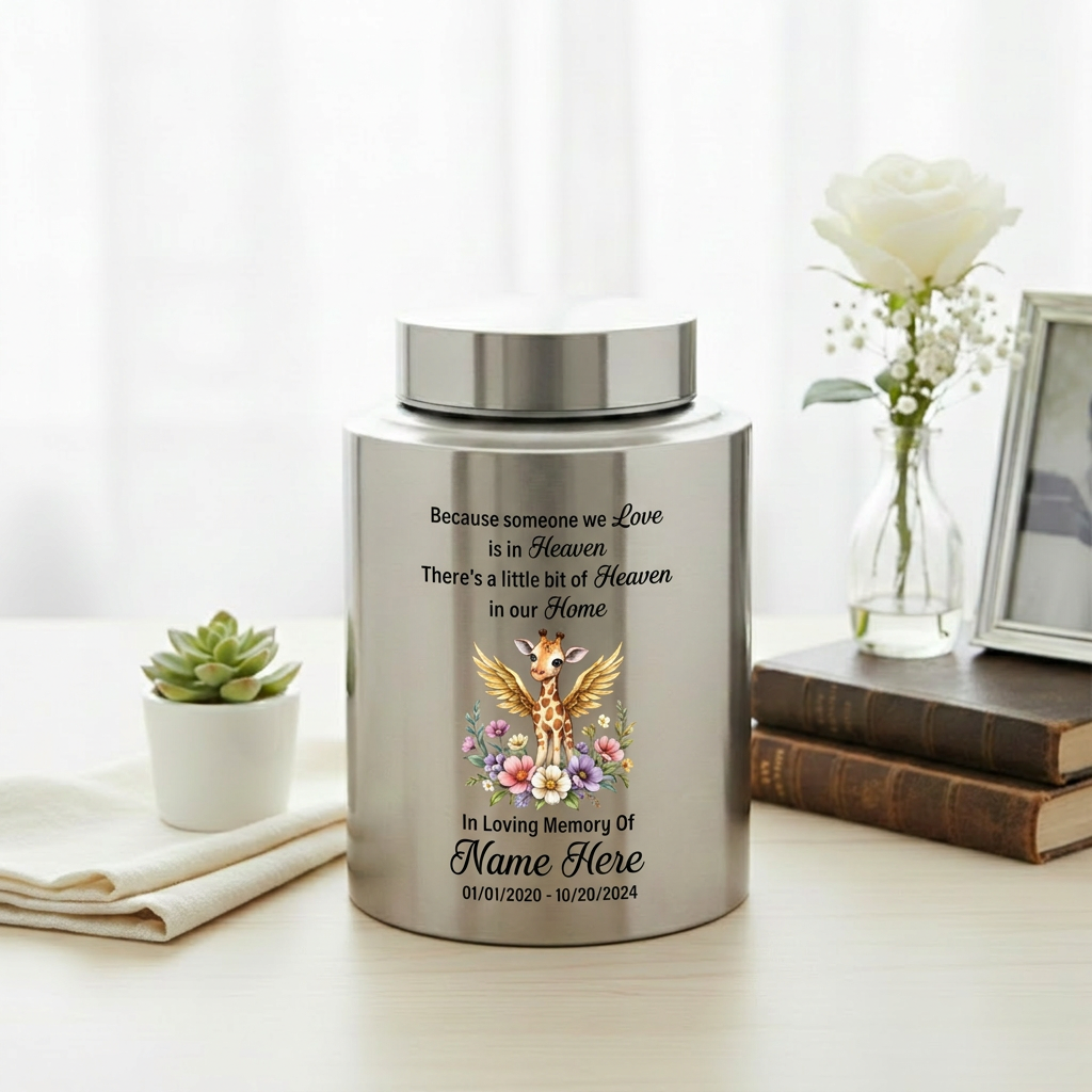 Personalized Giraffe Angel Wings Baby Loss Stainless Steel Infant Child Cremation Ashes Container Nursery Bereavement Display 5.9in 7.5in Memorial Keepsake Urn, Memorial Gift, In Loving Memory - Image 5