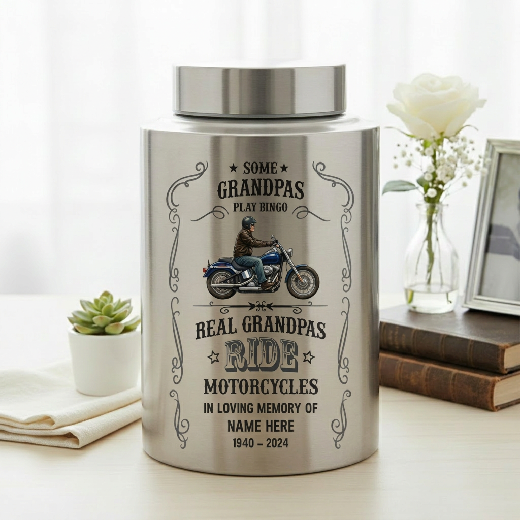 Personalized Motorcycle Stainless Steel Large Urn for Human Ashes, Real Grandpas Ride Motorcycles Biker Dad Grandfather Tribute, Memorial Keepsake Urn, Memorial Gift, In Loving Memory - Image 5