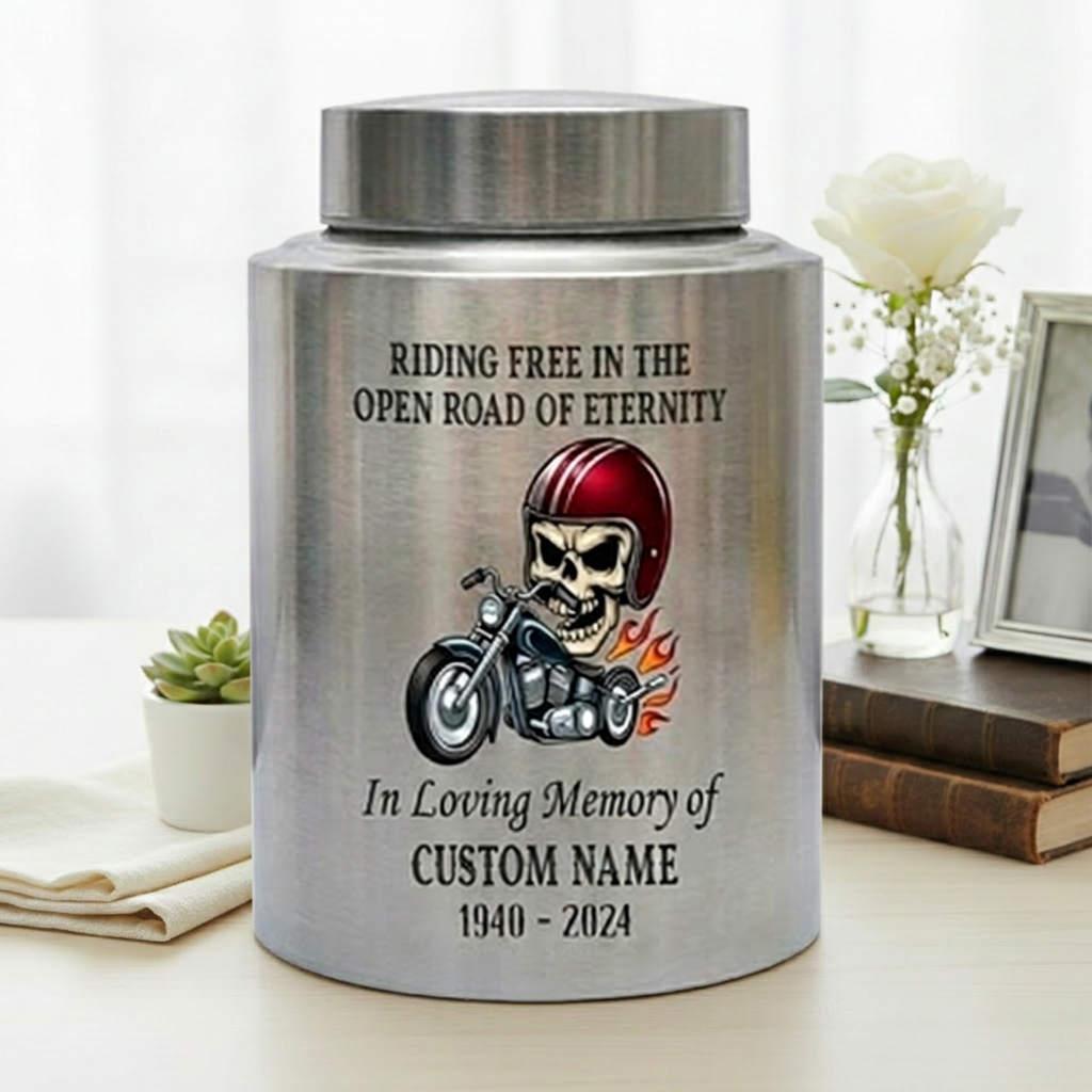Personalized Motorcycle Stainless Steel Urns for Human Ashes Dad Husband Men Riding Free Biker Tribute UV Printed Large Small Sizes Memorial Keepsake Urn, Memorial Gift, In Loving Memory - Image 5