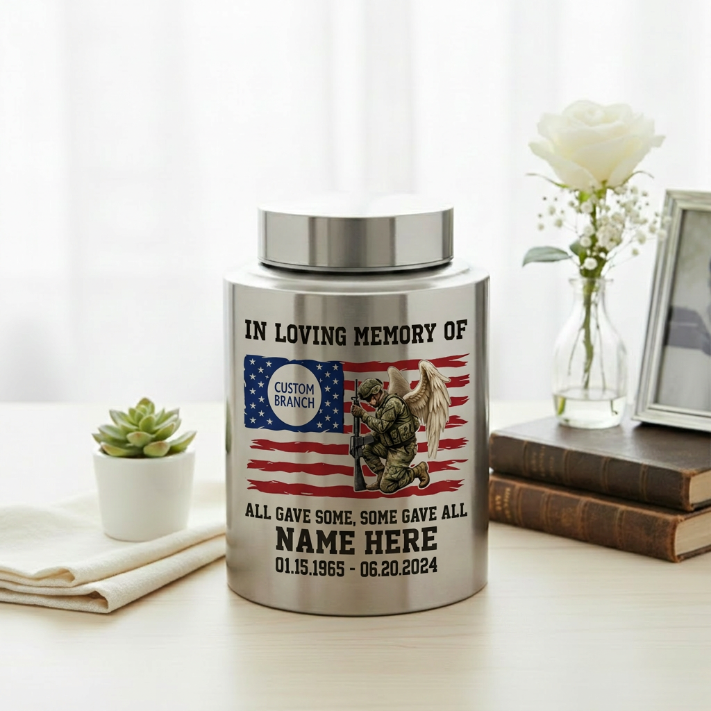 Personalized Veterans Memorial US Army Flag Stainless Steel Military Tribute Home Display Funeral Burial Large and Small Sizes Memorial Keepsake Urn, Memorial Gift, In Loving Memory - Image 5