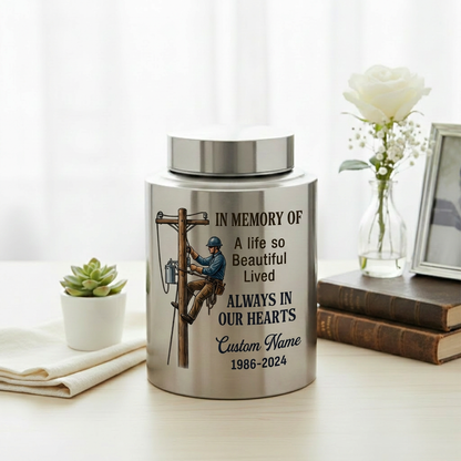 Personalized Lineman Electrician UV Printed Stainless Steel Funeral Urn for Dad Husband Adult Human Ashes Large Custom Decorative Memorial Keepsake Urn, Memorial Gift, In Loving Memory - Image 5