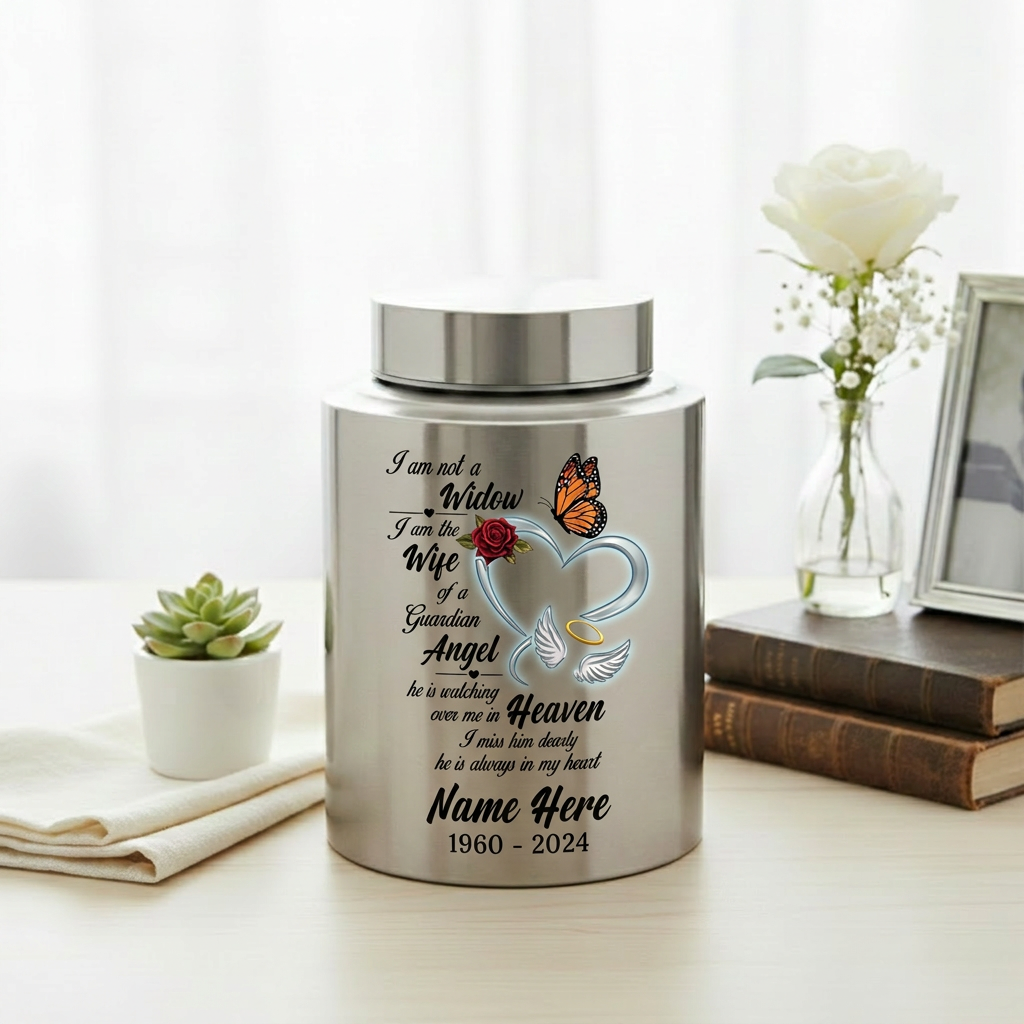 Personalized Guardian Angel Wings Heart Butterfly Rose Stainless Steel Loss of Husband Sympathy Widow Remembrance Decor 5.9x3.9in Memorial Keepsake Urn, Memorial Gift, In Loving Memory - Image 5