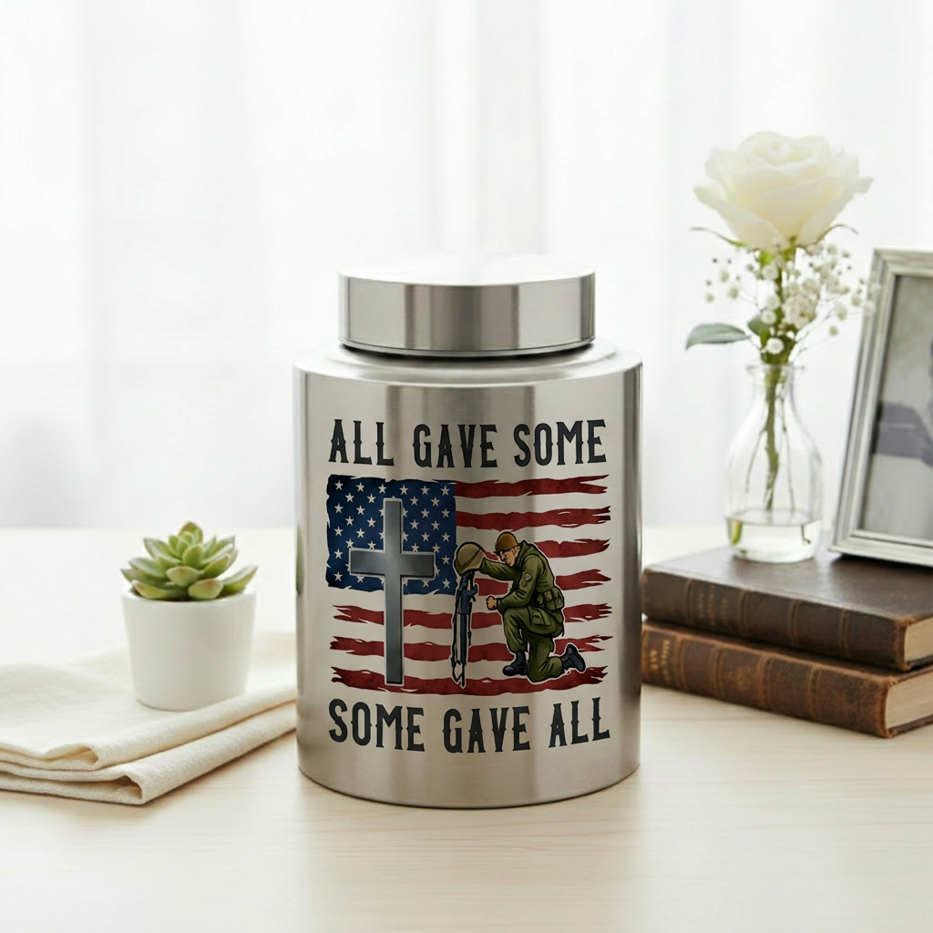 All Gave Some Veteran Kneeling Soldier American Flag Cross Stainless Steel Ash Container Military Army Navy Sympathy Bereavement Memorial Keepsake Urn, Memorial Gift, In Loving Memory - Image 5