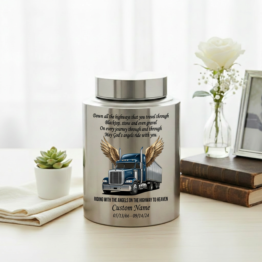 Personalized Semi Truck Angel Wings Large Stainless Steel Cremation Urn for Truck Driver Husband Father Grandfather Highway to Heaven UV Print Memorial Keepsake Urn, Memorial Gift, In Loving Memory - Image 5
