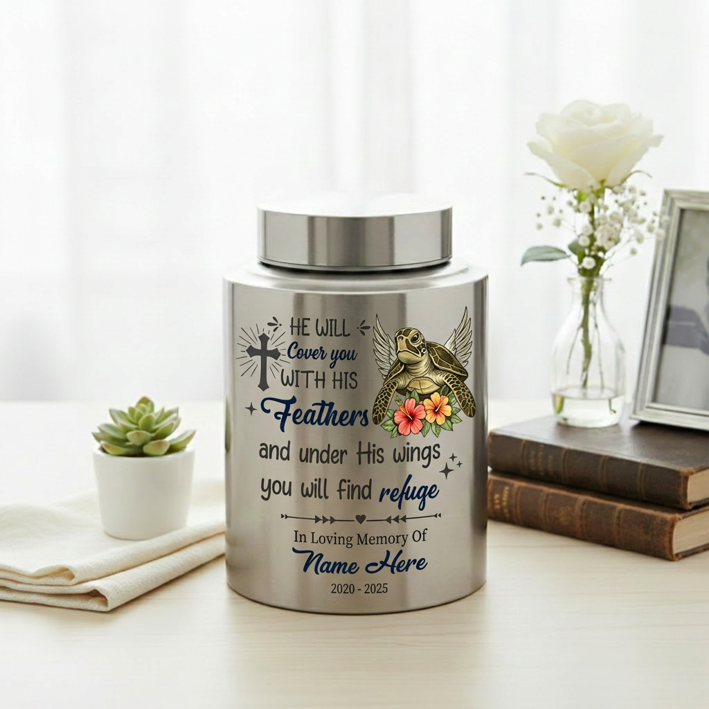 Personalized Sea Turtle Christian Cremation Urn for Human Ashes, He Will Cover You With His Feathers, Custom Name & Dates, Small & Large, Memorial Keepsake Urn, Memorial Gift, In Loving Memory - Image 5