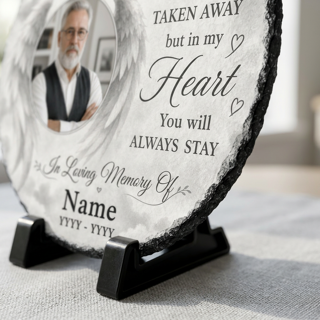 Personalized Angel Wings Memorial Garden Stone – Custom Photo Slate Plaque Bereavement Gift - Image 5 | VNMGSREPR1-6IN-EHIEU_AI_0437 VNMGSREPR1-8IN-EHIEU_AI_0437