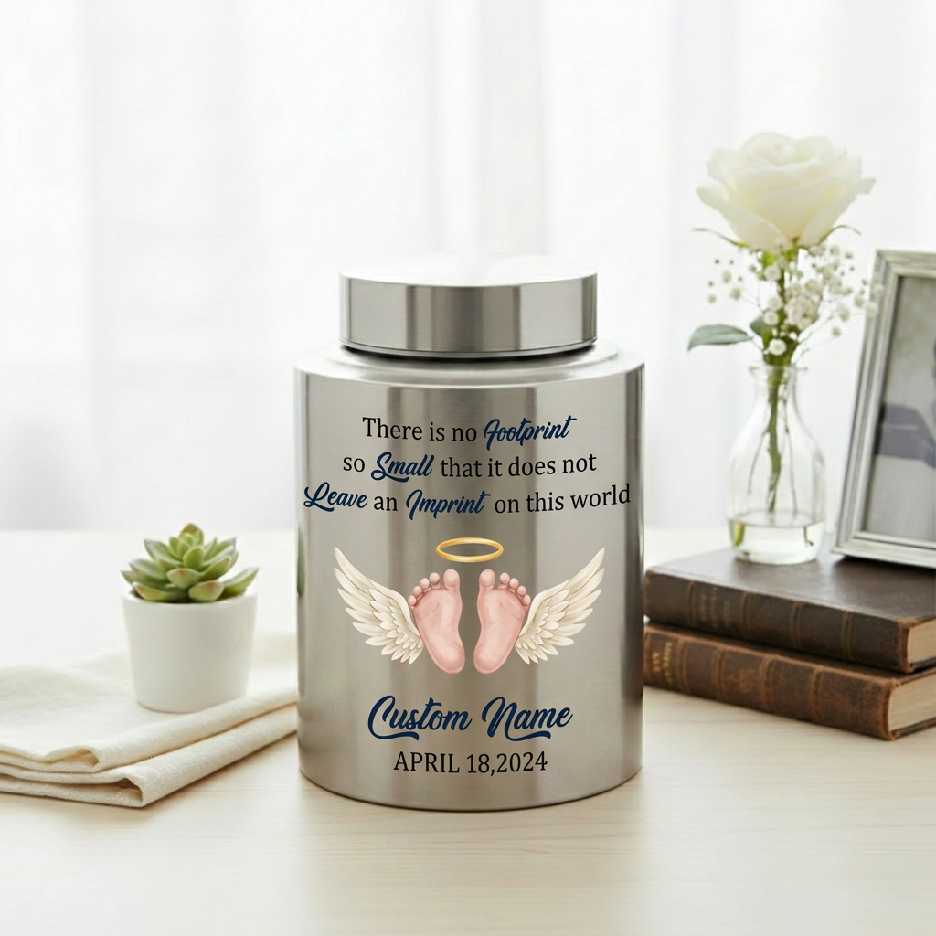 Personalized Angel Baby Footprint Stainless Steel Cremation Urn, Infant Loss Remembrance Container, Grieving Parent Sympathy Present, Memorial Keepsake Urn, Memorial Gift, In Loving Memory - Image 5