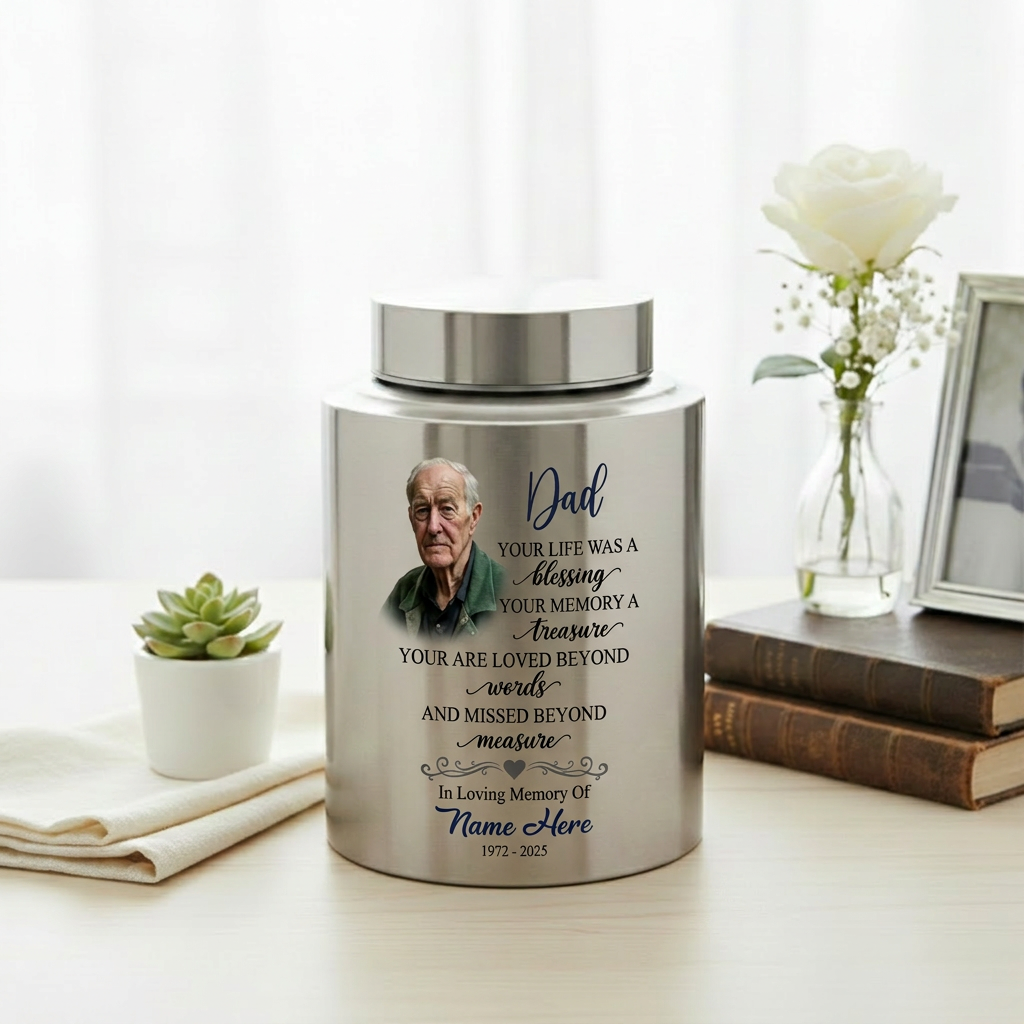 Personalized Dad Your Life Was A Blessing Custom Name Date UV Printed Stainless Steel Cremation Ash Container Loss Of Father Parent Bereavement Memorial Keepsake Urn, Memorial Gift, In Loving Memory - Image 5