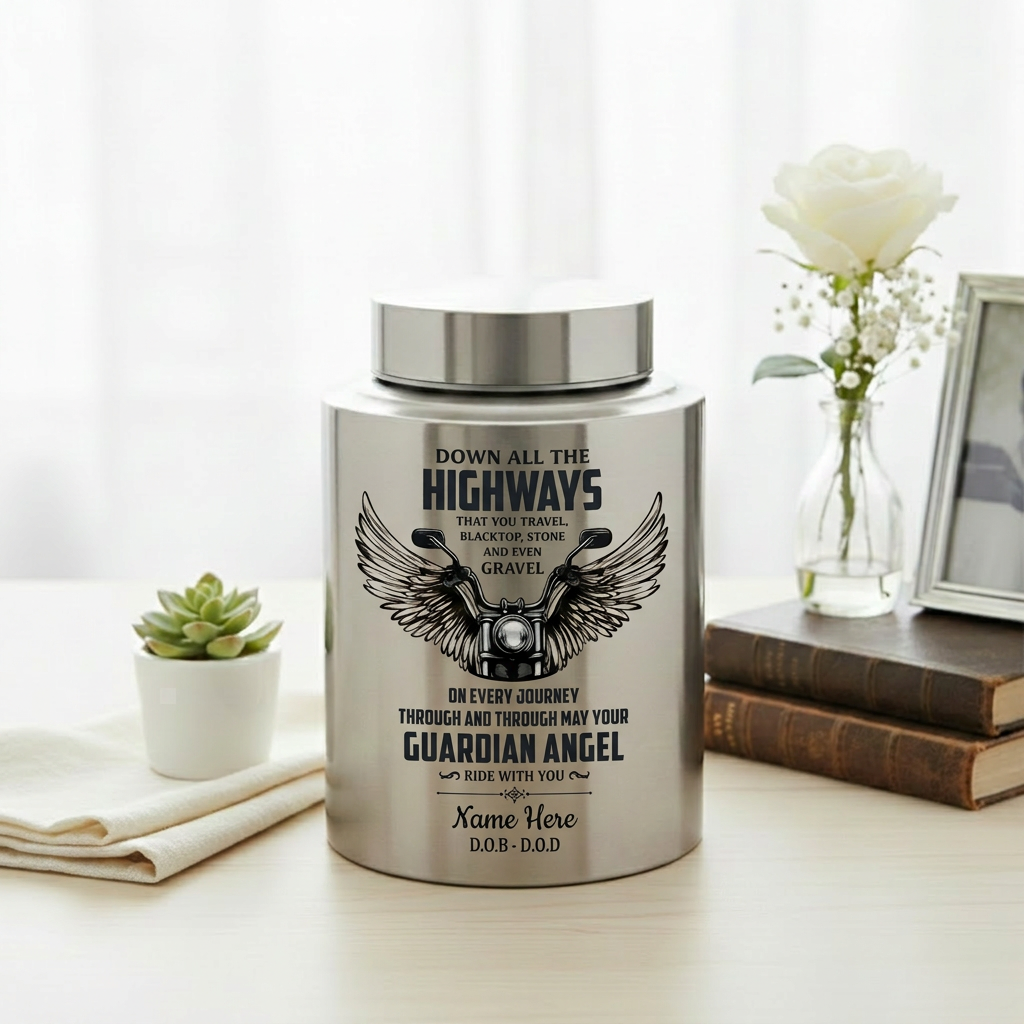 Personalized Motorcycle Riding In Heaven Guardian Angel Stainless Steel Cremation Ash Holder For Adult Male Dad Biker Large UV Print Memorial Keepsake Urn, Memorial Gift, In Loving Memory - Image 5