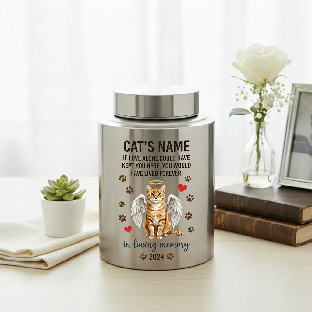 Personalized Angel Cat Silhouette Stainless Steel Pet Loss Bereavement Gift for Cat Mom Dad Custom Feline Remembrance Decor 5.9x3.9 or 7.5x5.1 in Memorial Keepsake Urn, Memorial Gift, In Loving Memory - Image 5