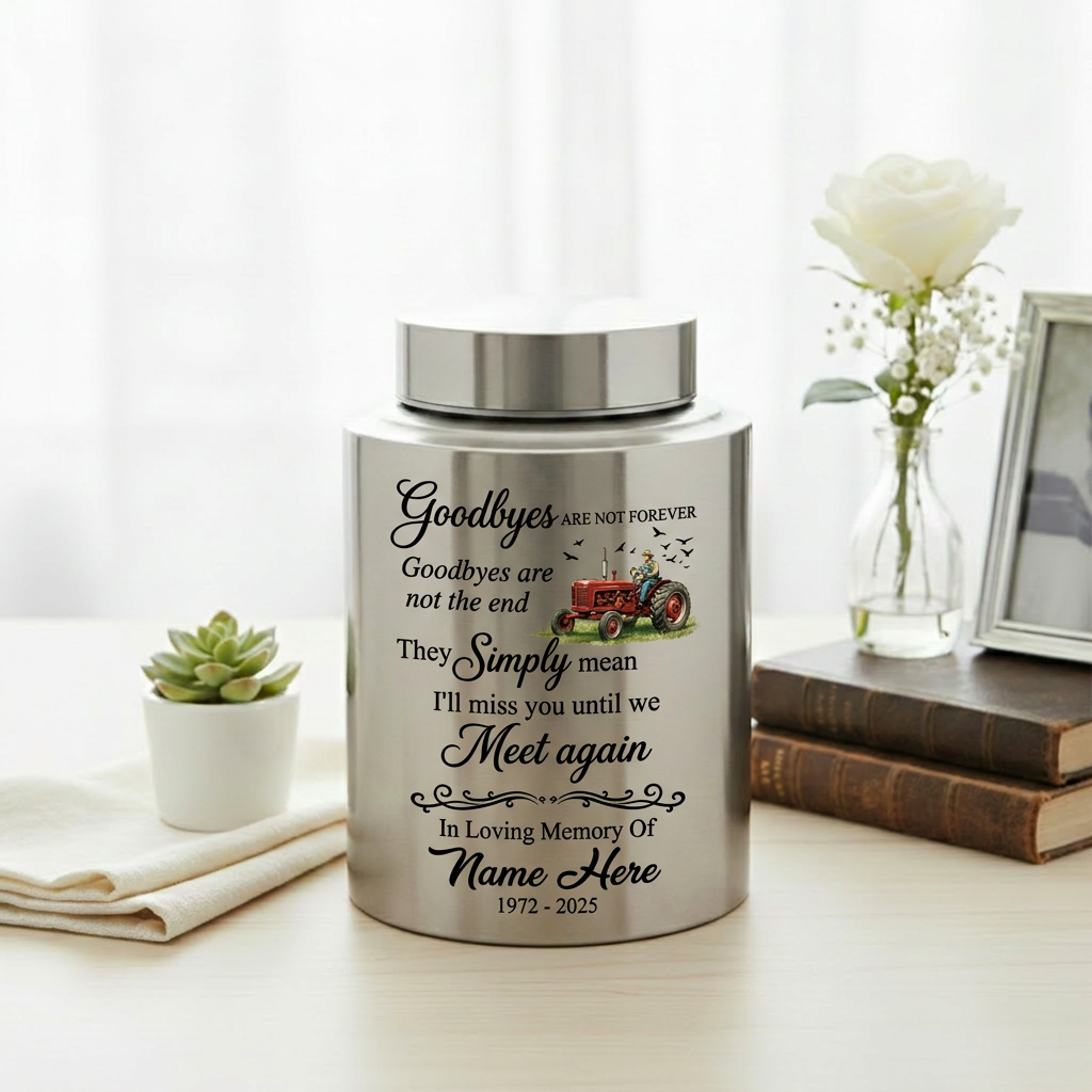Personalized Farmer Memorial Stainless Steel Ash Holder with Flying Birds Goodbyes Are Not Forever Quote for Loss of Father Grandfather Memorial Keepsake Urn, Memorial Gift, In Loving Memory - Image 5