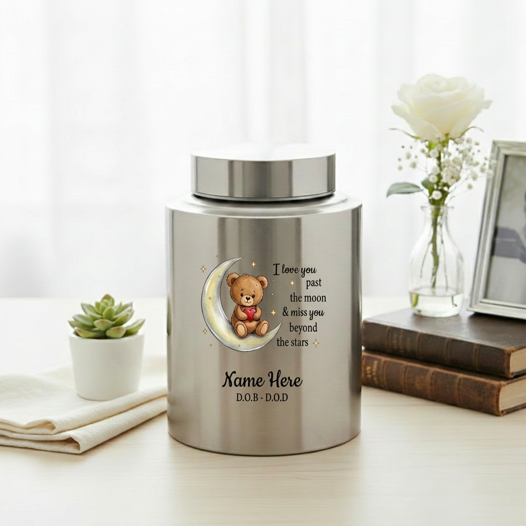 Personalized Teddy Bear Crescent Moon Stars Baby Loss Stainless Steel Urn Infant Child Bereavement Custom Two Sizes Parents Family Memorial Keepsake Urn, Memorial Gift, In Loving Memory - Image 5