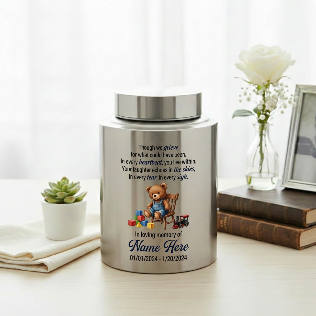 Personalized Teddy Bear Baby Infant Loss UV Printed Stainless Steel Miscarriage Remembrance Grieving Parent Sympathy Gift Cremation Ash Holder Memorial Keepsake Urn, Memorial Gift, In Loving Memory - Image 5