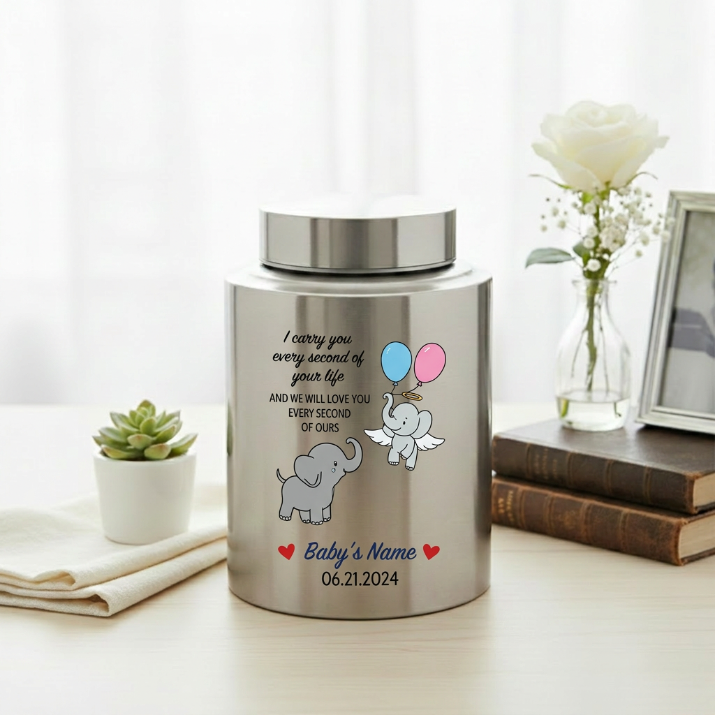 Personalized Angel Baby Elephant Grieving Stainless Steel Urn For Infant Loss Miscarriage Child Memory Large 7.5x5.1 UV Printed Decor Memorial Keepsake Urn, Memorial Gift, In Loving Memory - Image 5