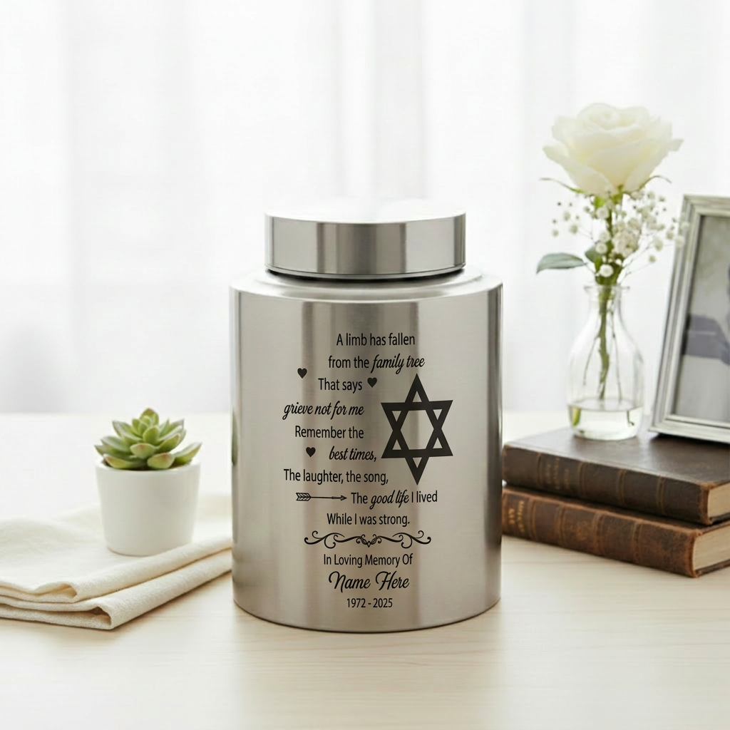 Personalized Tree of Life Jewish Star of David UV Printed Stainless Steel Urn Loss of Loved One Judaism Bereavement Tribute Large 7.5in Memorial Keepsake Urn, Memorial Gift, In Loving Memory - Image 5
