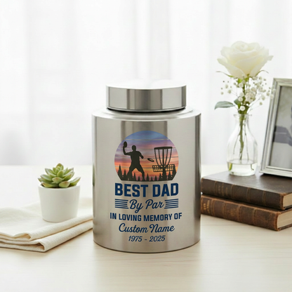 Personalized Disc Golf Dad By Par Sunset UV Printed Stainless Steel Cremation Vessel for Father Loss Sympathy Adult Ashes Small Large Sizes Memorial Keepsake Urn, Memorial Gift, In Loving Memory - Image 5
