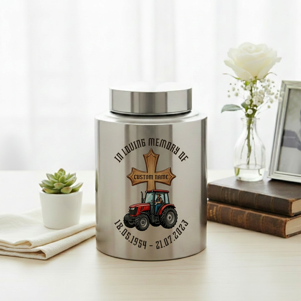 Personalized Farmer Tractor Gothic Cross Stainless Steel Urn for Human Ashes Loss of Father Grandfather Husband Decorative 5.9x3.9 7.5x5.1 Memorial Keepsake Urn, Memorial Gift, In Loving Memory - Image 5