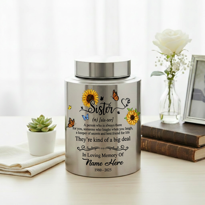 Personalized Sunflower Butterfly Sister Memorial Stainless Steel UV Print Urn for Loss of Best Friend Sister-in-Law Bereavement Tribute 2 Sizes Memorial Keepsake Urn, Memorial Gift, In Loving Memory - Image 5